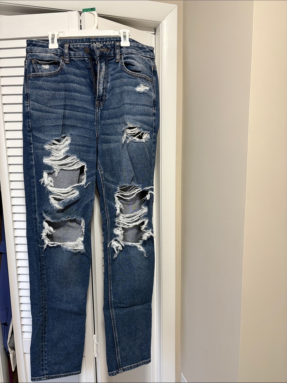 American Eagle Outfitters Torn Dark Blue Straight Leg Jeans